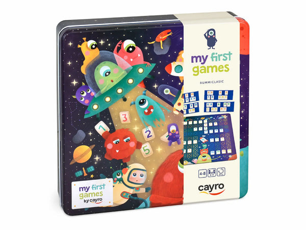 Caja metálica Cayro Mi Primer Rummiclasic 7044 - Ilustraciones espaciales alienígenas juego números infantil
