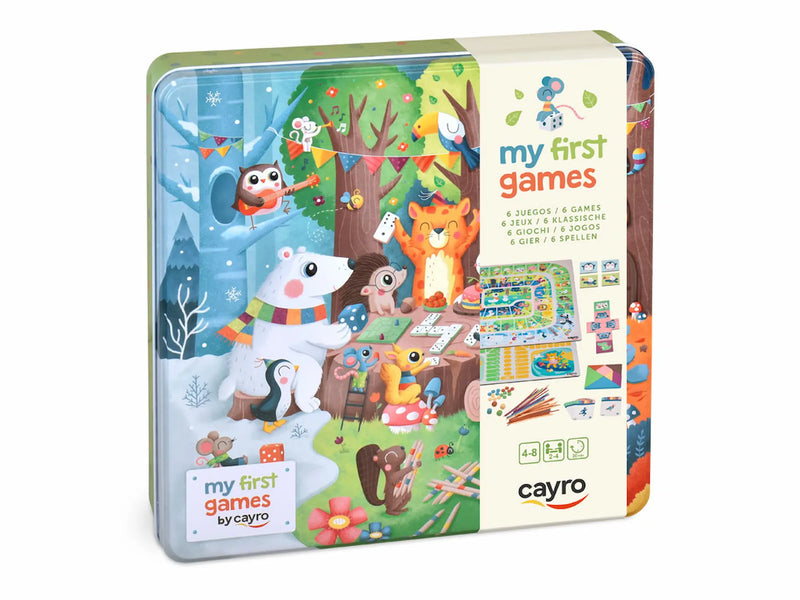 Caja metálica Cayro Mis Primeros 6 Juegos 7041 - Ilustraciones infantiles animales bosque juegos clásicos
