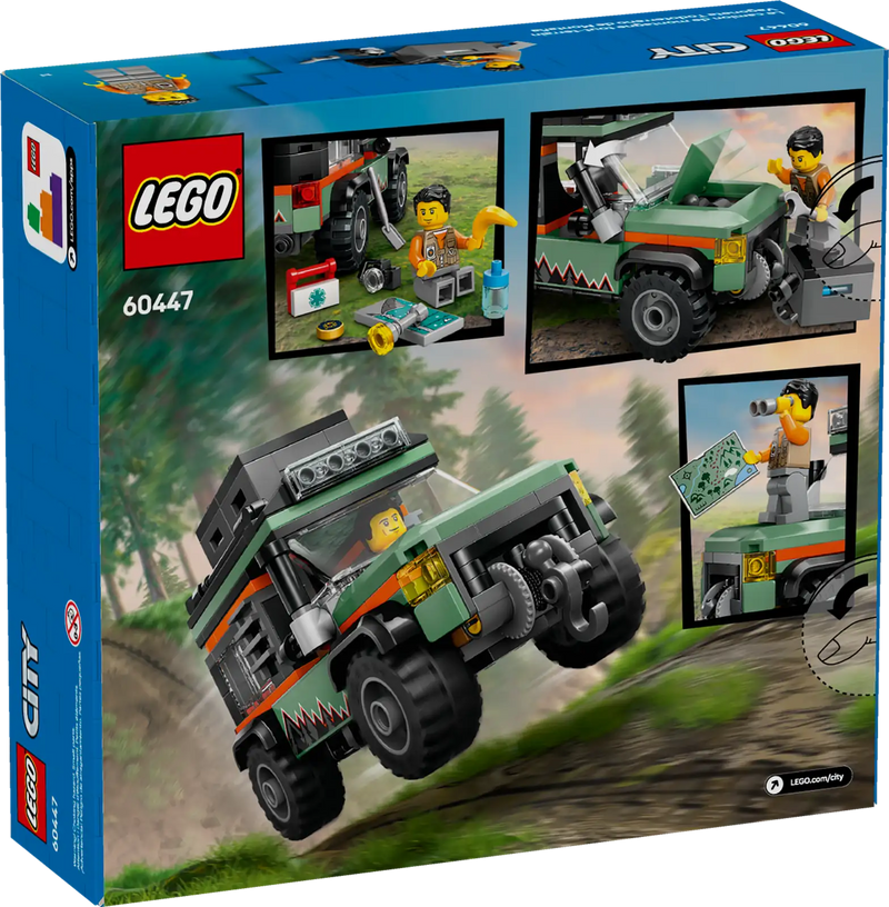 Caja oficial del set LEGO City 60447 Todoterreno 4x4 de Montaña mostrando el packaging con 221 piezas, edad recomendada 6+ años, minifigura aventurero incluida y todos los accesorios de exploración
