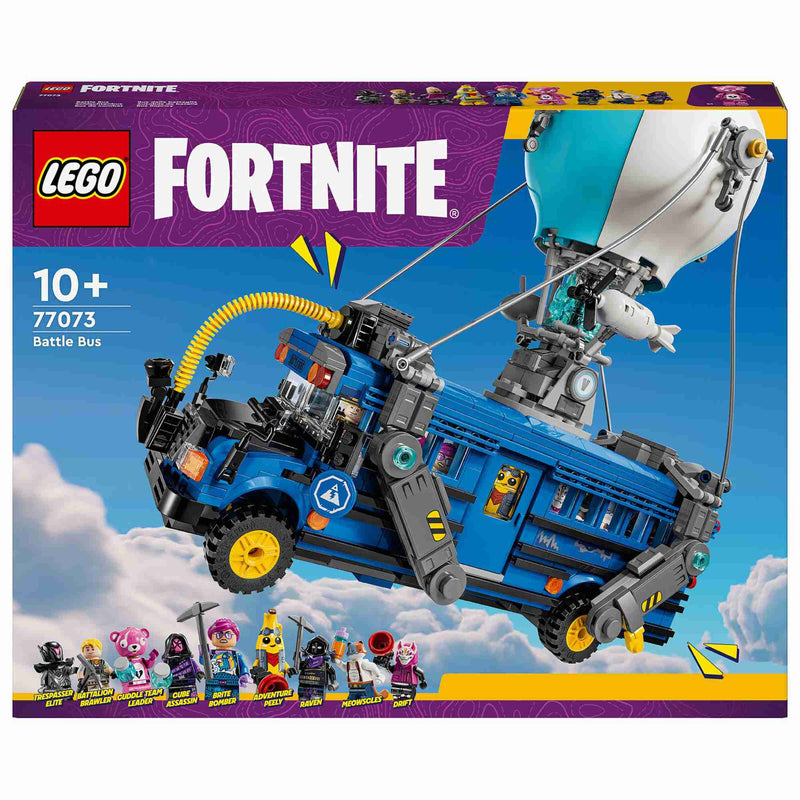 Caja oficial del set LEGO Fortnite 77073 Autobús de Batalla mostrando el packaging original con licencia de Epic Games, diseño detallado del autobús azul icónico y globo aerostático
