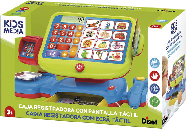 Caja registradora Diset frente con teclado, pantalla y escáner.
