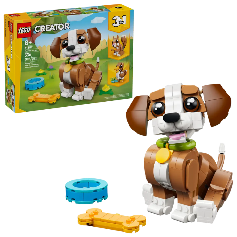 Caja trasera LEGO Creator Cachorro Juguetón mostrando los 3 animales
