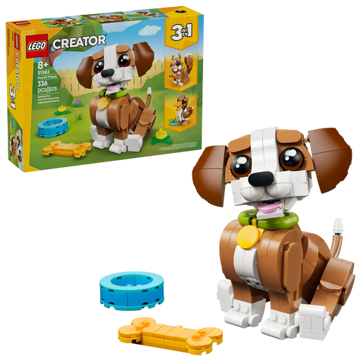 Caja trasera LEGO Creator Cachorro Juguetón mostrando los 3 animales