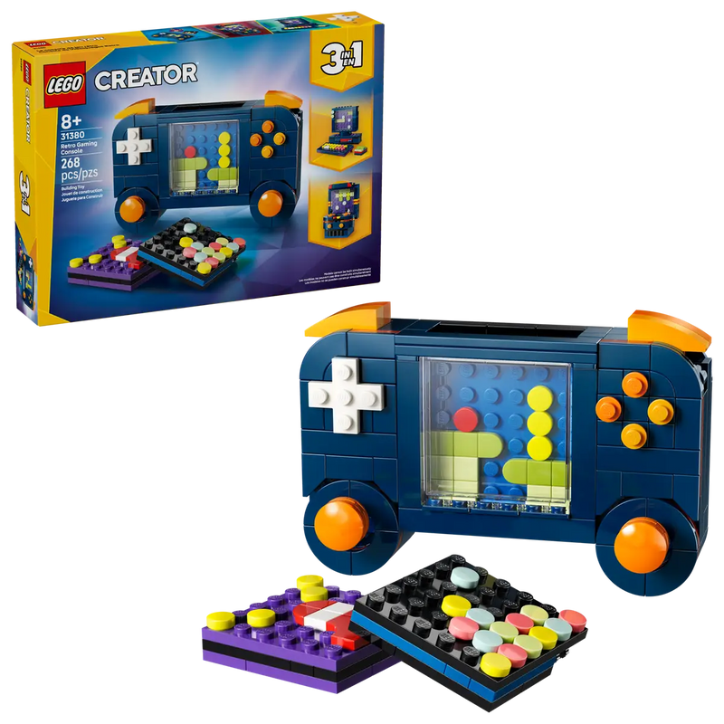 Caja trasera LEGO Creator Consola Videojuegos Retro mostrando los 3 modelos