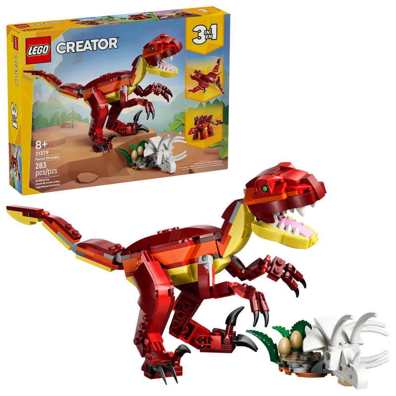 Caja trasera LEGO Creator Feroz Dinosaurio mostrando los 3 modelos