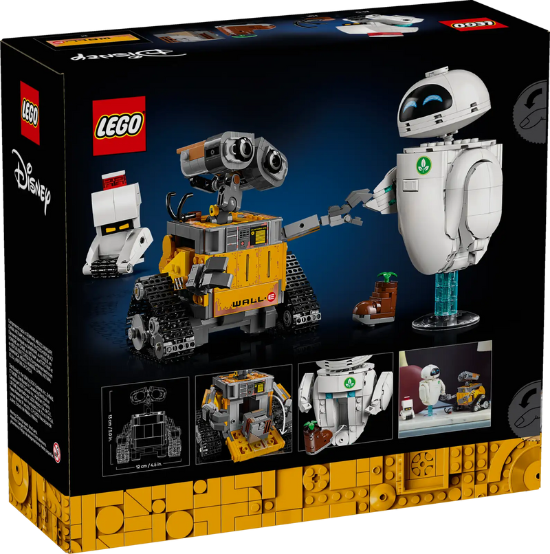 Caja trasera LEGO Disney WALL-E y EVE 43279 mostrando detalles del contenido, funciones móviles de los personajes y especificaciones del set de 811 piezas para adultos
