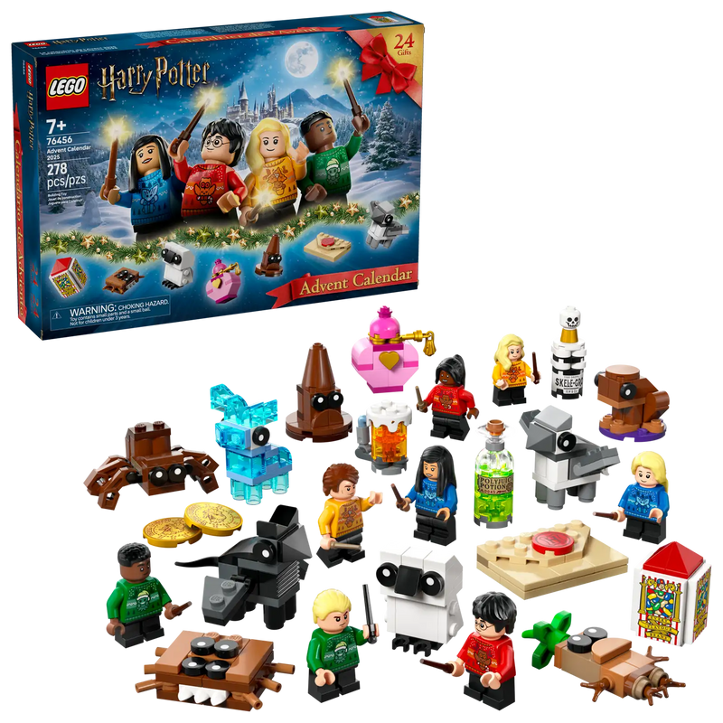 Caja trasera LEGO Harry Potter Calendario Adviento 76456 mostrando 24 ventanas numeradas con Hogwarts nevado y criaturas mágicas como Buckbeak y Patronus Ciervo
