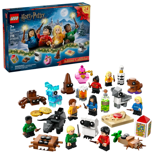 Caja trasera LEGO Harry Potter Calendario Adviento 76456 mostrando 24 ventanas numeradas con Hogwarts nevado y criaturas mágicas como Buckbeak y Patronus Ciervo
