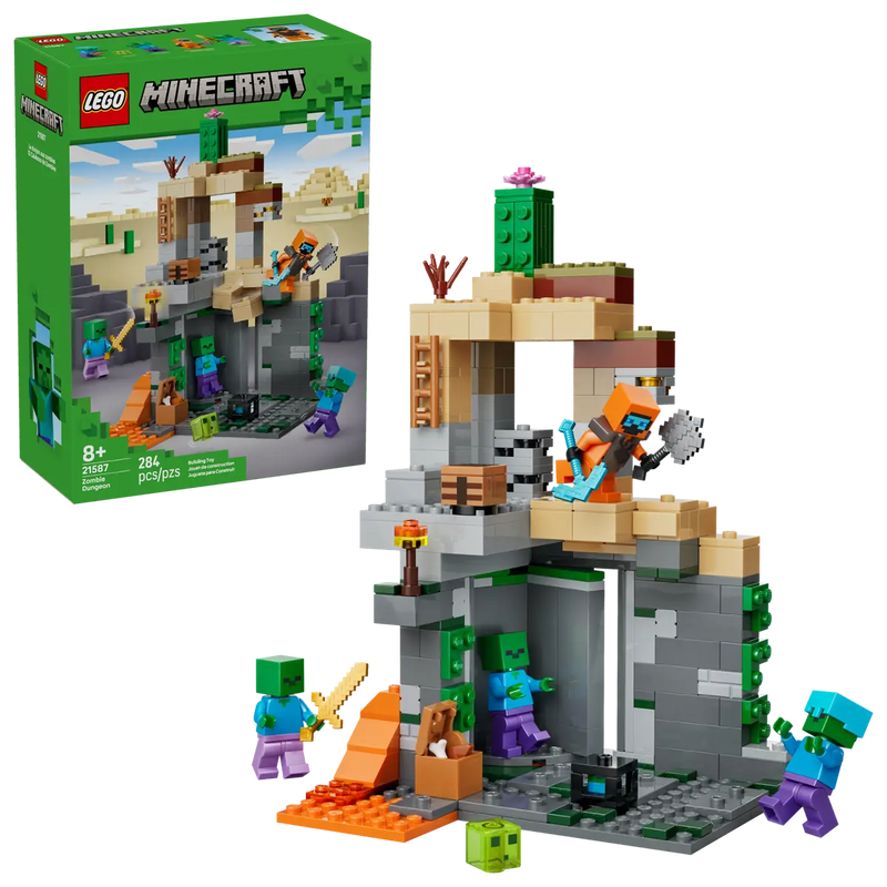 Caja trasera LEGO Minecraft La Mazmorra Zombi mostrando escenarios ref. 21587