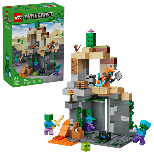 Caja trasera LEGO Minecraft La Mazmorra Zombi mostrando escenarios ref. 21587