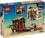 Caja trasera LEGO ONE PIECE Cabaña del Pueblo Molino 75636 mostrando detalles del interior, personajes Luffy, Shanks y Makino, y características del set de 299 piezas
