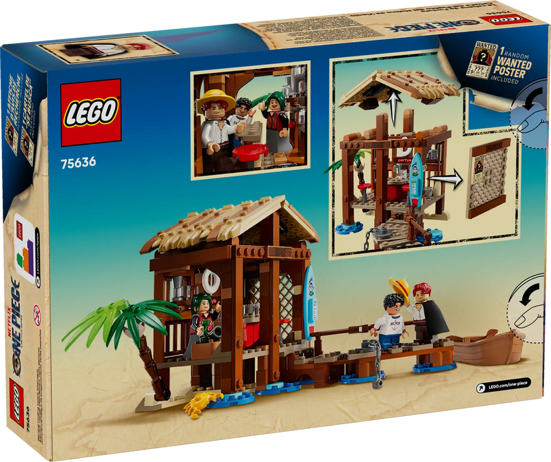 Caja trasera LEGO ONE PIECE Cabaña del Pueblo Molino 75636 mostrando detalles del interior, personajes Luffy, Shanks y Makino, y características del set de 299 piezas
