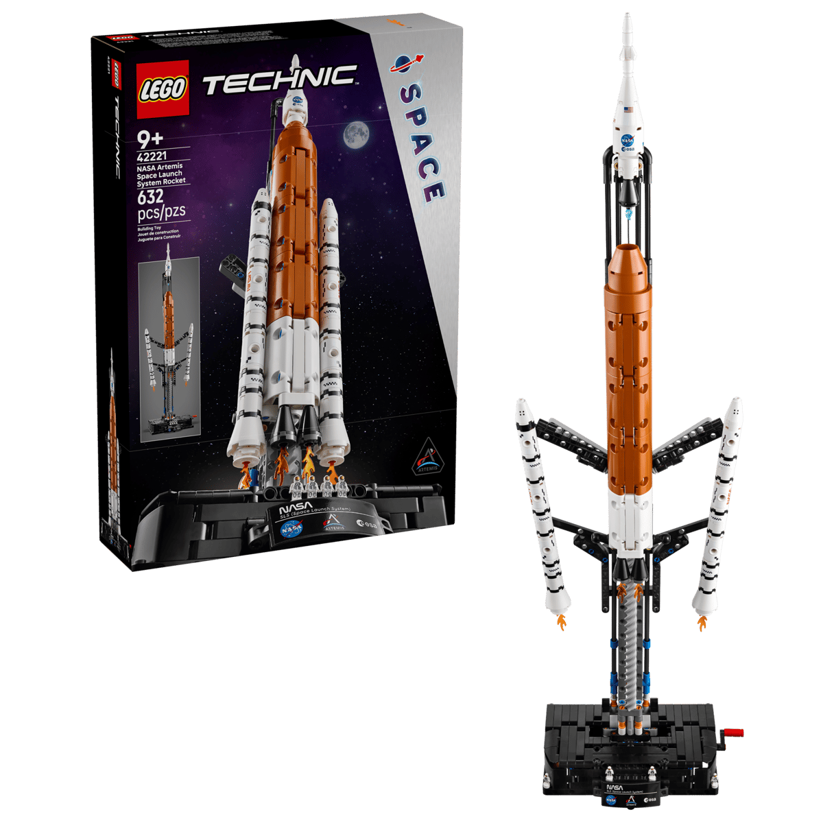 Caja trasera LEGO Technic NASA Artemis mostrando 3 fases de separación Cohete