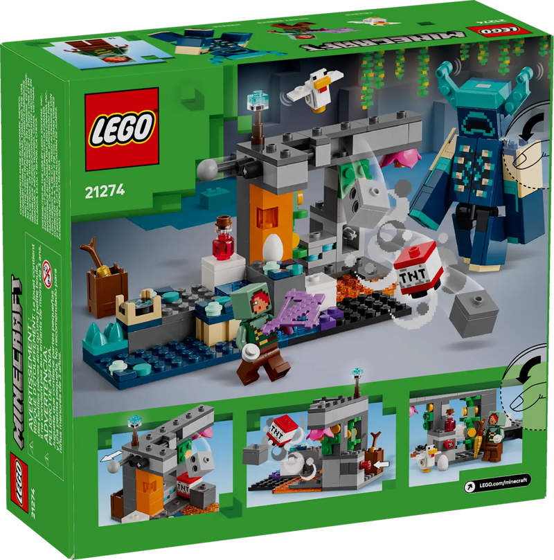 Caja trasera del set LEGO 21274 mostrando funciones interactivas como el TNT y trampas ocultas.