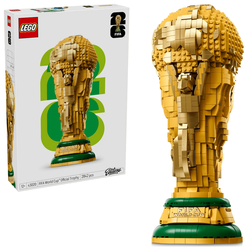 Caja y producto LEGO 43020 Trofeo Copa Mundial FIFA Editions coleccionable
