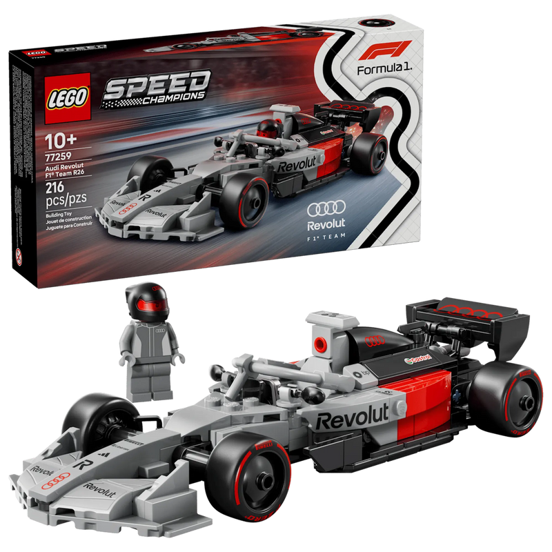 Caja y set LEGO 77259 Audi Revolut F1 minifigura piloto casco gris
