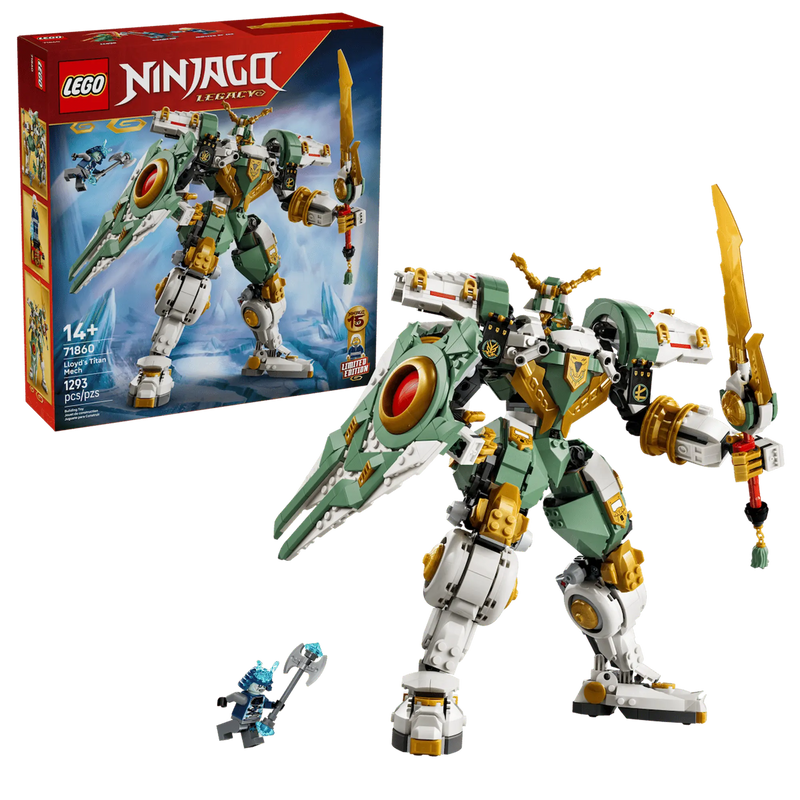 Caja y set LEGO NINJAGO 71860 robot Lloyd minifigura Maestro Hielo base

