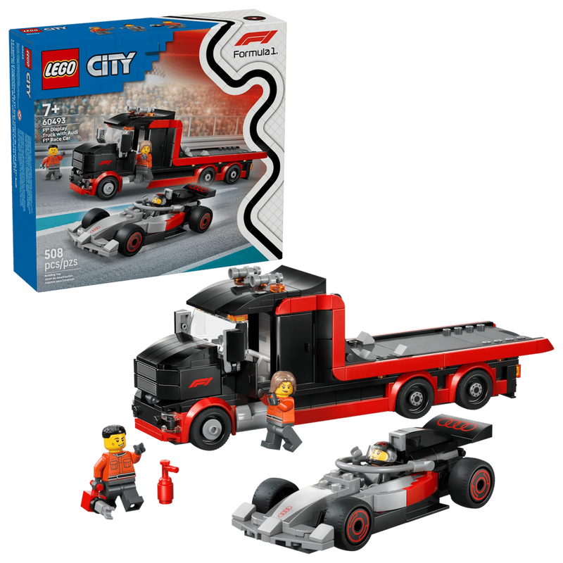 Caja y set completo LEGO City 60493 camión F1 Audi minifiguras accesorios
