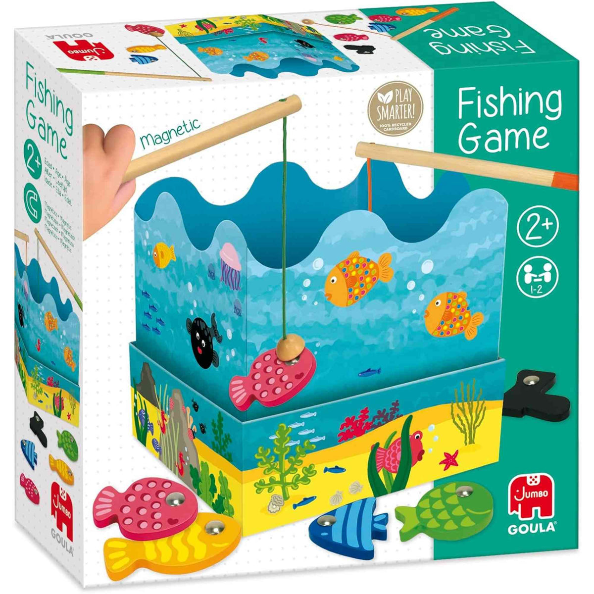Caja del juego de pesca Goula con ilustraciones.
