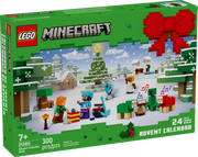 Calendario de Adviento LEGO Minecraft 2025 set 21280 con caja verde mostrando escena navideña de Minecraft con minifiguras, Creeper y aldea invernal con 24 ventanas numeradas
