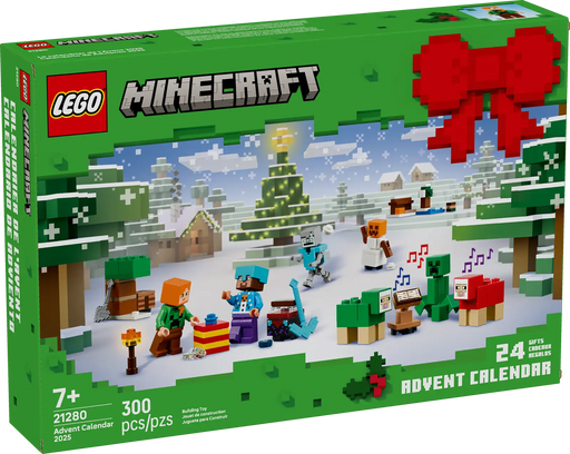Calendario de Adviento LEGO Minecraft 2025 set 21280 con caja verde mostrando escena navideña de Minecraft con minifiguras, Creeper y aldea invernal con 24 ventanas numeradas
