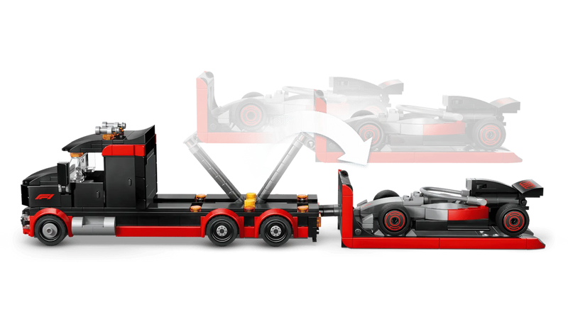 Camión LEGO 60493 negro rojo vista lateral plataforma elevadora Audi F1
