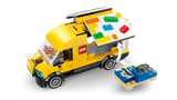 Camión LEGO amarillo con laterales abiertos zona carga y puertas traseras
