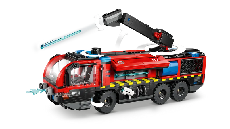 Camión LEGO bomberos aeroportuario con compartimentos laterales y motor extraíble

