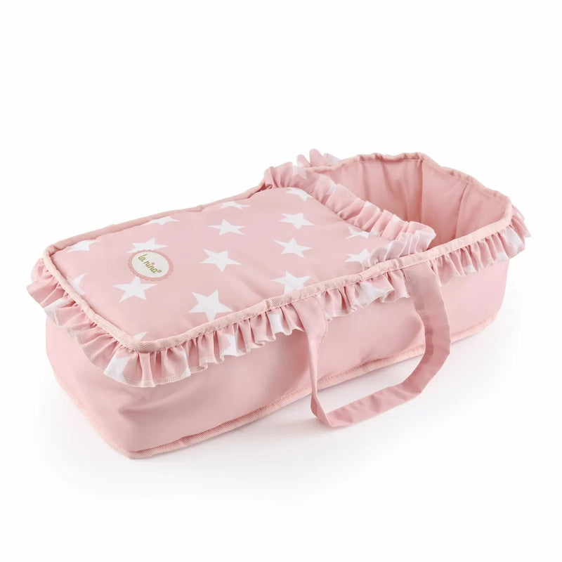 Capazo desmontable Carlota con asas, volantes y estampado estrellas rosa
