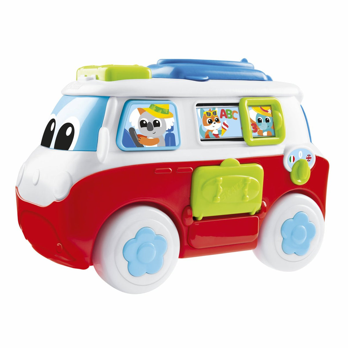 Caravana bilingüe Chicco Mi Primera Caravana con ruedas giratorias, botones interactivos y personajes animales para niños desde 12 meses
