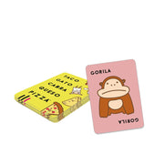 Cartas coloridas del juego Taco Peluche con personajes adorables: taco verde, gato naranja, cabra blanca, queso amarillo, pizza rosa, gorila marrón, marmota y narval en diseño kawaii
