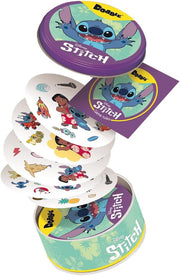Cartas del juego Dobble Disney Stitch desplegadas mostrando los diferentes símbolos y personajes Disney como Stitch, Lilo y otros elementos del universo