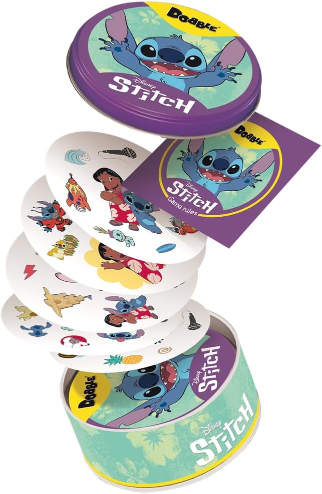 Cartas del juego Dobble Disney Stitch desplegadas mostrando los diferentes símbolos y personajes Disney como Stitch, Lilo y otros elementos del universo
