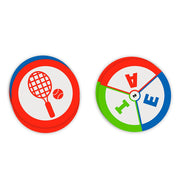 Cartas del juego Palabrea 2 - Una cara muestra categoría deportes con raqueta de tenis, otra cara muestra letras V, T, E de colores rojo, verde y azul
