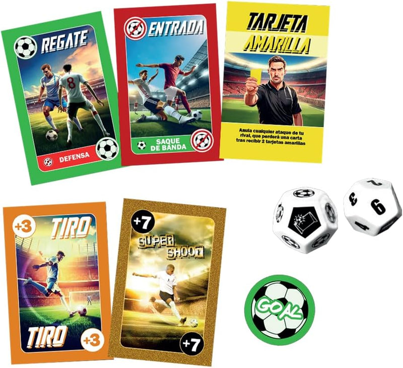 Cartas del juego Team KM con acciones de fútbol: Regatear, Saque de Centro, Pase, Tarjeta Roja, Vaselina de Antología, Salto, Súper Shoot, Defensa, Tarjeta Amarilla y Fuera de Juego - Componentes del juego de mesa de Kylian Mbappé
