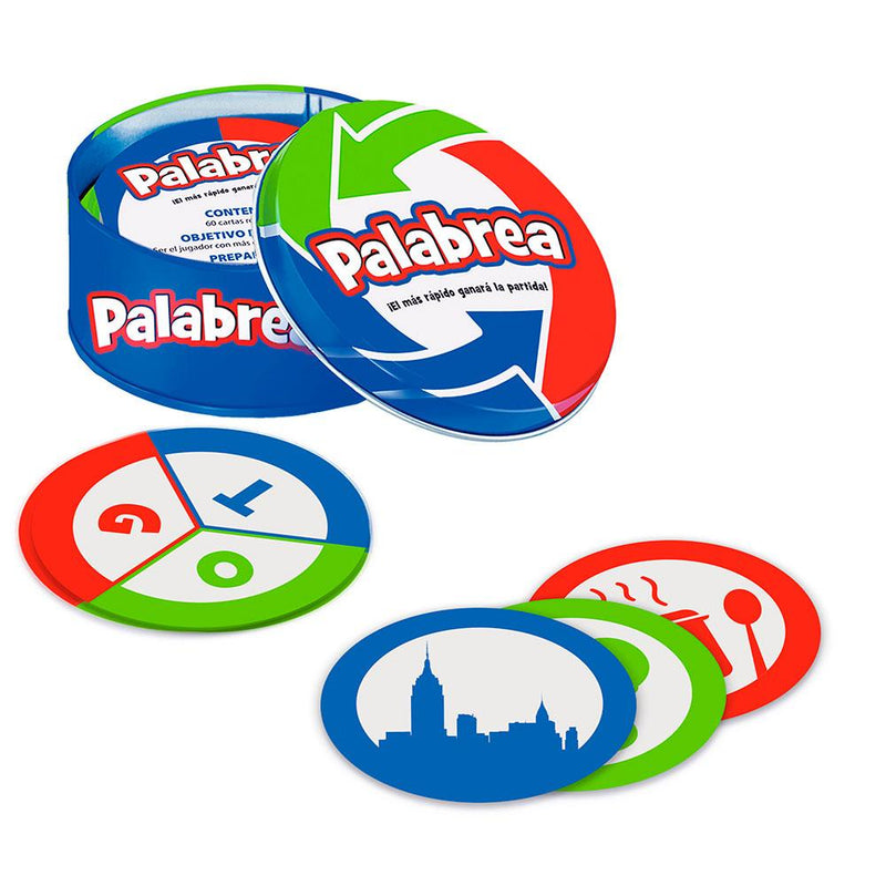 Cartas doble cara del juego Palabrea mostrando 10 categorías temáticas en una cara y 3 letras de colores diferentes en la otra cara
