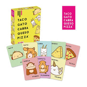Cartas extendidas del juego Taco, Gato, Cabra, Queso, Pizza mostrando las diferentes ilustraciones de tacos, gatos, cabras, quesos y pizzas con diseños divertidos y colores llamativos