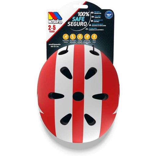Casco infantil Moltó con estrella roja y sistema de ajuste universal. Protección certificada para bicicleta, patinete y correpasillos. Ventilación optimizada y correas acolchadas para máxima comodidad. Ideal de 3 a 8 años. La seguridad nunca fue tan atractiva.
