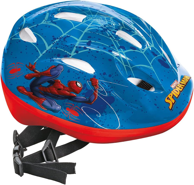 Casco infantil Spiderman de Mondo con diseño azul y rojo, ilustración de Spidey y múltiples orificios de ventilación
