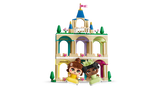 Castillo LEGO 3 niveles beige con arcos colores y torre azul bandera rosa
