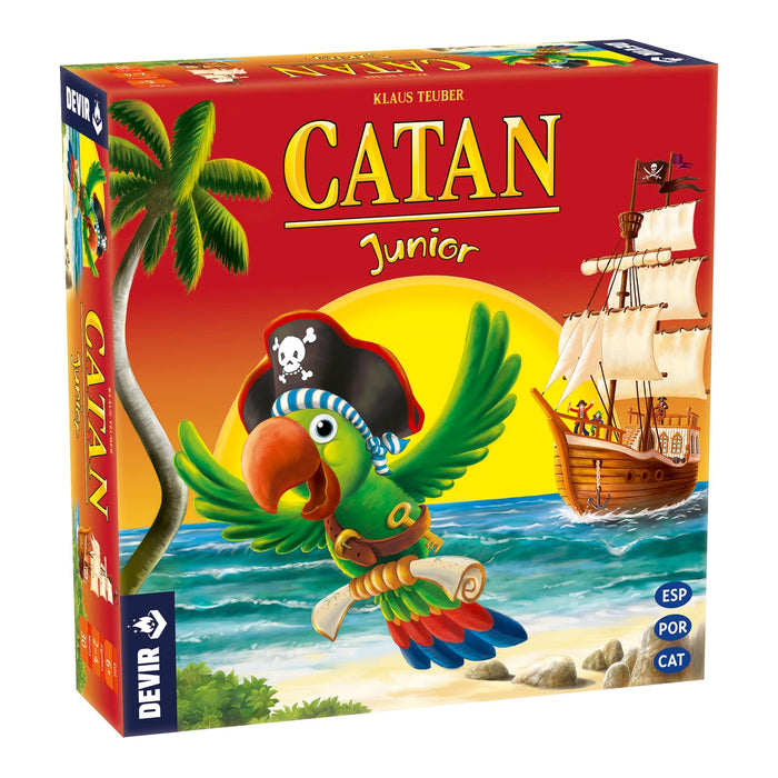 Caja de Devir Catan Junior Edición Trilingüe con elementos de juego como fichas de madera, cereal y ladrillo, casas, iglesias y tablero.