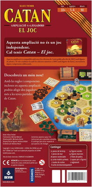 Catan Ampliació 5-6 Jugadors - Contraportada amb components del joc: tauler ampliat, figures verdes i marrons, cartes i regles per a 5-6 jugadors
