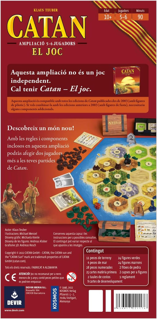 Catan Ampliació 5-6 Jugadors - Contraportada amb components del joc: tauler ampliat, figures verdes i marrons, cartes i regles per a 5-6 jugadors
