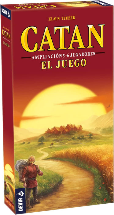 Caja y contenido de la Expansión de Catan 5-6 Jugadores de Devir, que permite jugar con hasta seis personas y añade nuevas casillas y fichas.