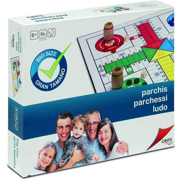 Caja rectangular del juego de mesa Cayro Parchis XXL (792) con una familia en el frente. El cuadro resalta "TAMAÑO GRANDE" en una etiqueta circular y muestra parte del tablero de juego con caminos y piezas de colores. La marca Cayro está en la esquina inferior derecha. Juego de gran tamaño accesible para todas las edades.