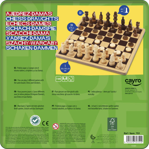 Cayro Ajedrez Damas 751 - Caja trasera información multiidioma tablero madera FSC 2 juegos clásicos
