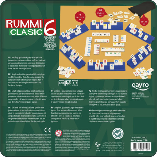 Cayro Rummiclasic 6 Jugadores 759 - Caja trasera información multiidioma 159 fichas soportes juego mesa
