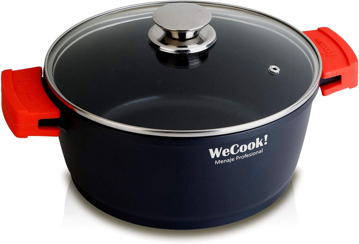 Cazuela antiadherente Wecook EcoStone 32cm de aluminio fundido con tapa de vidrio templado, asas rojas extraíbles y recubrimiento DUPONT libre de PFOA para cocinas de inducción
