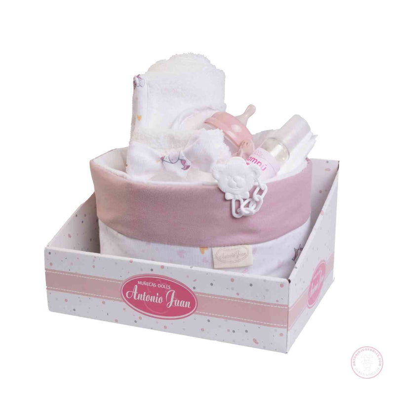 Canastilla rosa para guardar complementos de juego
