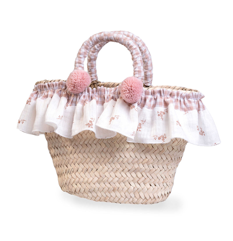 Cesta de paseo de palma natural Antonio Juan con estampado vichy y flores, accesorio para muñecas de 33-42 cm, referencia 92320
